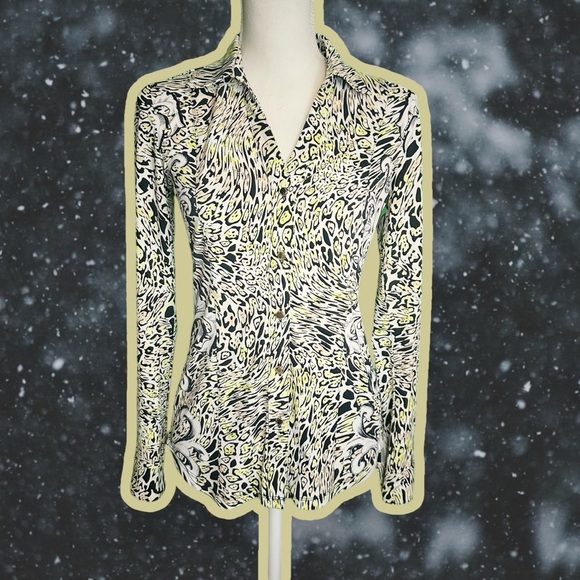 Caché Vintage Y2K Chartreuse / Lime Green Leopard & Brocade Button Down Top XS - Picture 1 of 10